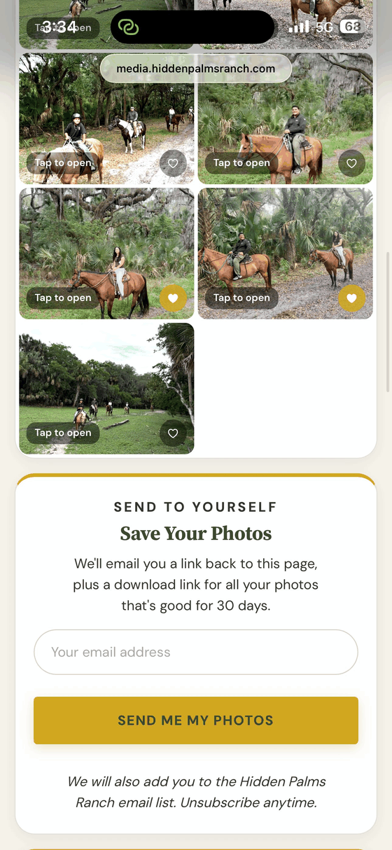 Guest page email-yourself card with photo grid detail