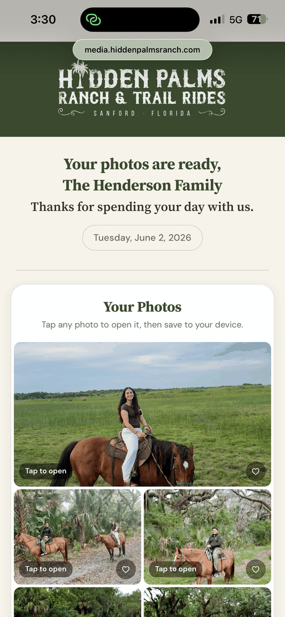 Hidden Palms Ranch guest photo page: branded hero and photo grid
