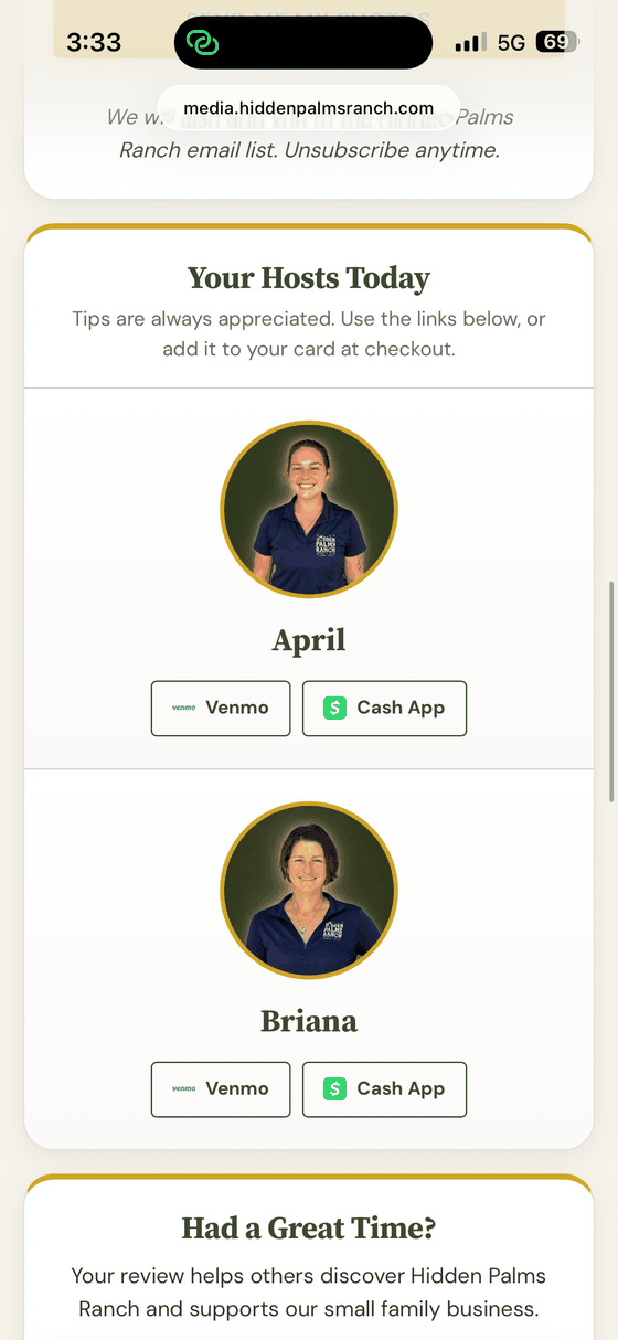 Guest page guide tip card with Venmo and Cash App links