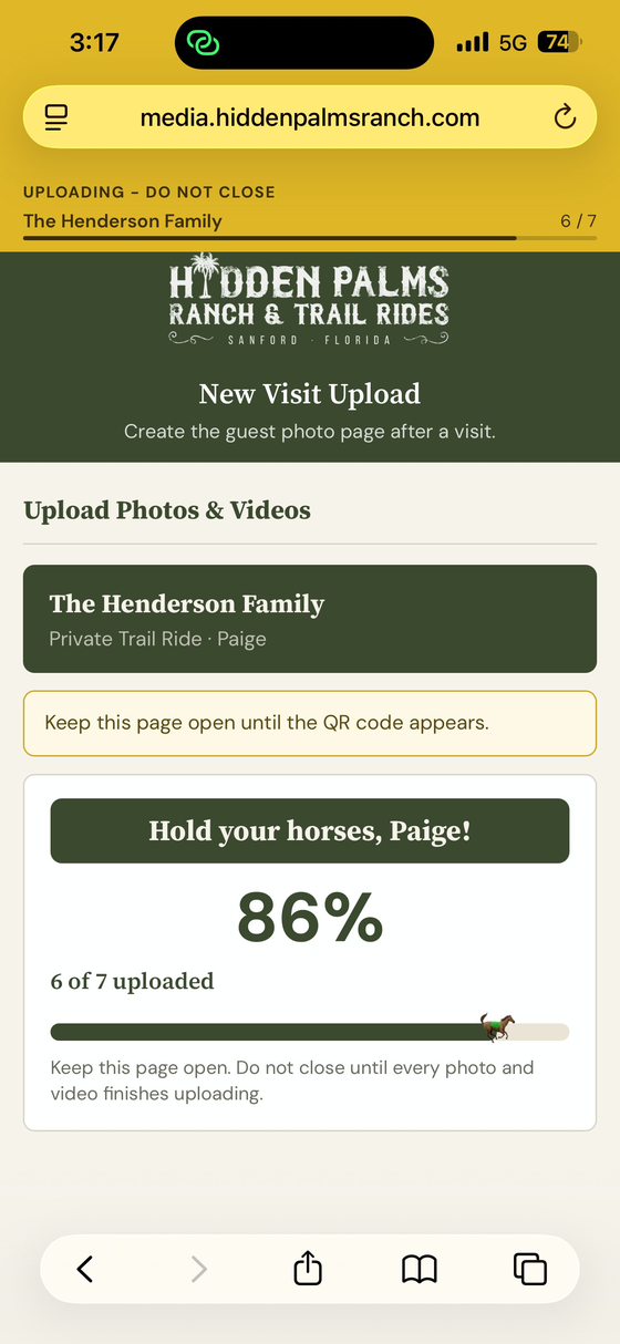 Guide upload app: mid-upload progress with the horse on the progress bar